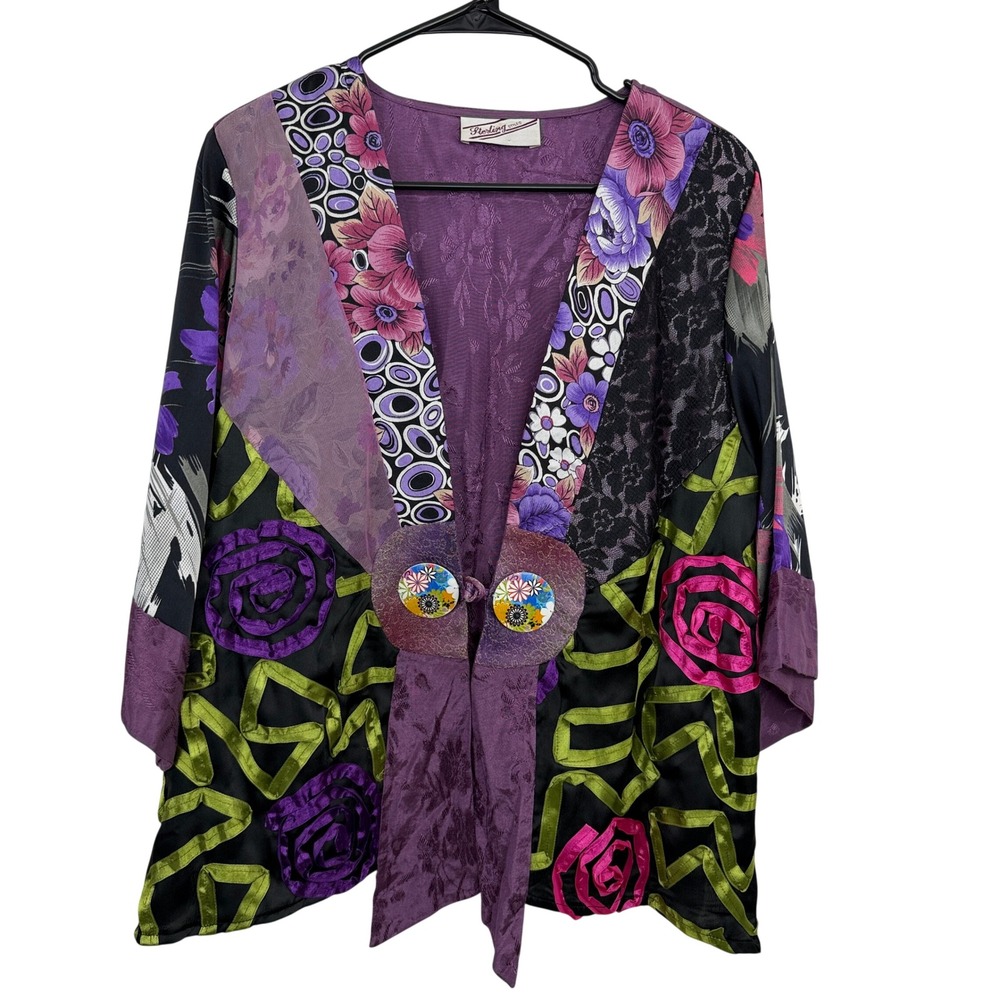 Sterling Styles Jacket Womens Purple Patchwork Floral Art to Wear Shoulder Pads